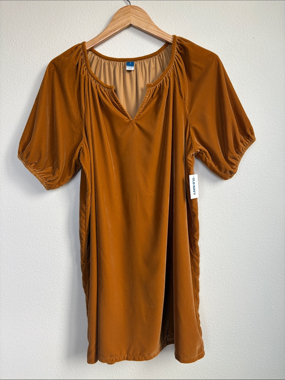 NWT Old Navy Ochre Gold Velvet Puff Sleeve Mini Dress S